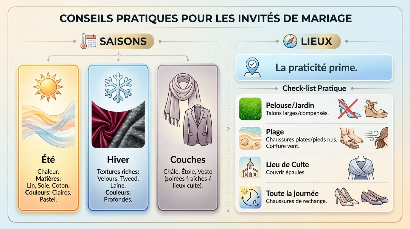 Invités de mariage habillés selon la saison et le lieu de réception